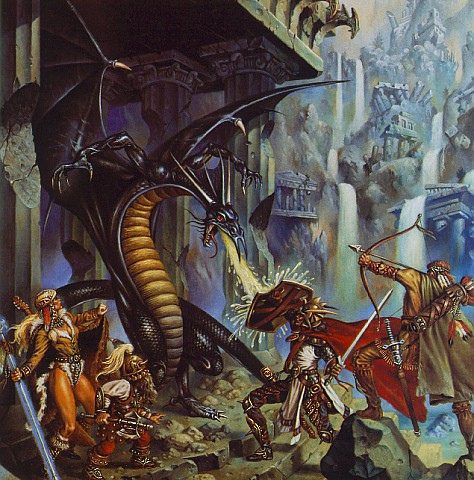 Яркая иллюстрация атаки Черного дракона на персонажей Саги Копье. 